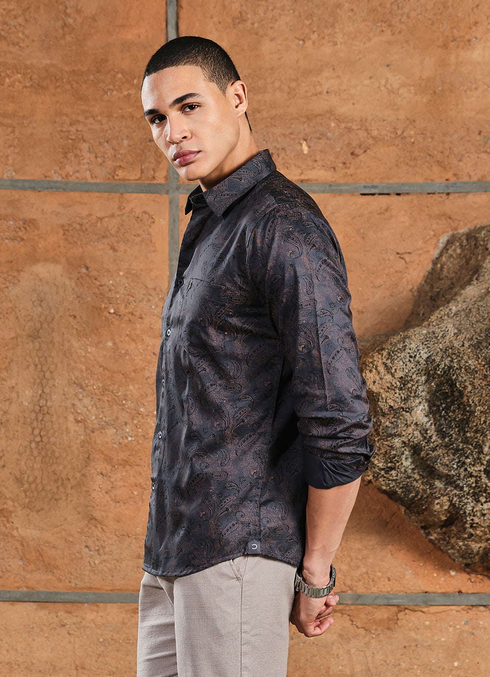 Black Print Cotton Slim Fit Shirt