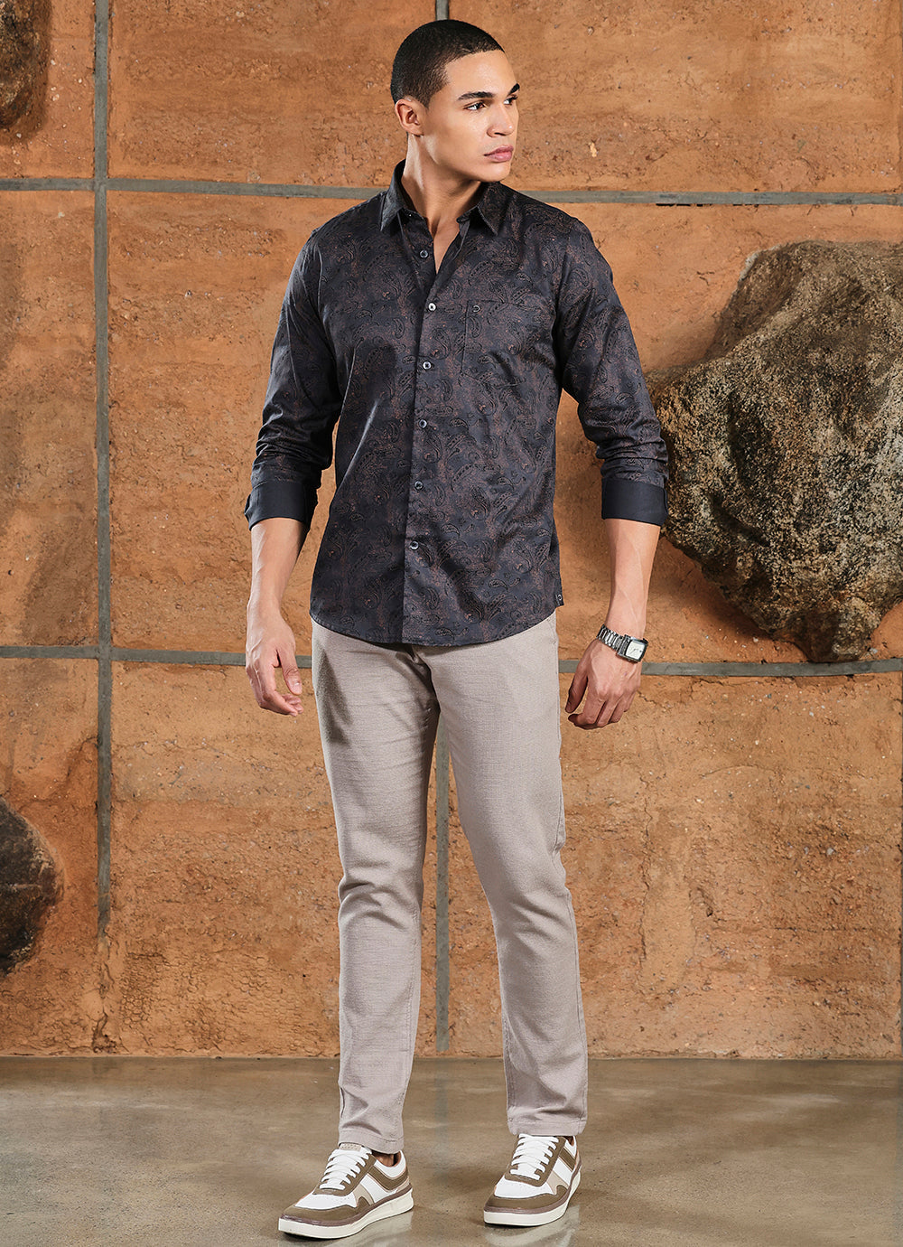 Black Print Cotton Slim Fit Shirt