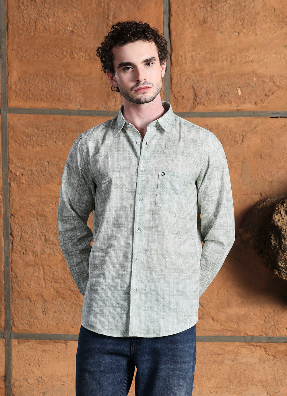 Green Print Cotton Slim Fit Shirt