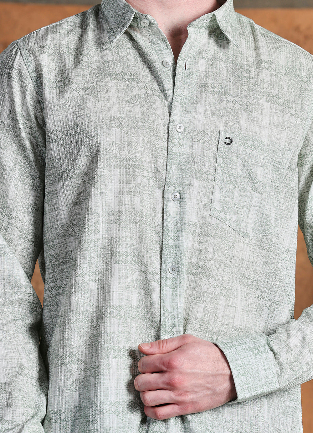 Green Print Cotton Slim Fit Shirt