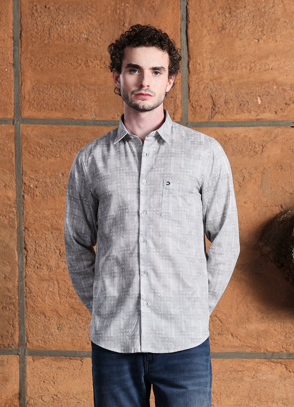 Grey Print Cotton Slim Fit Shirt