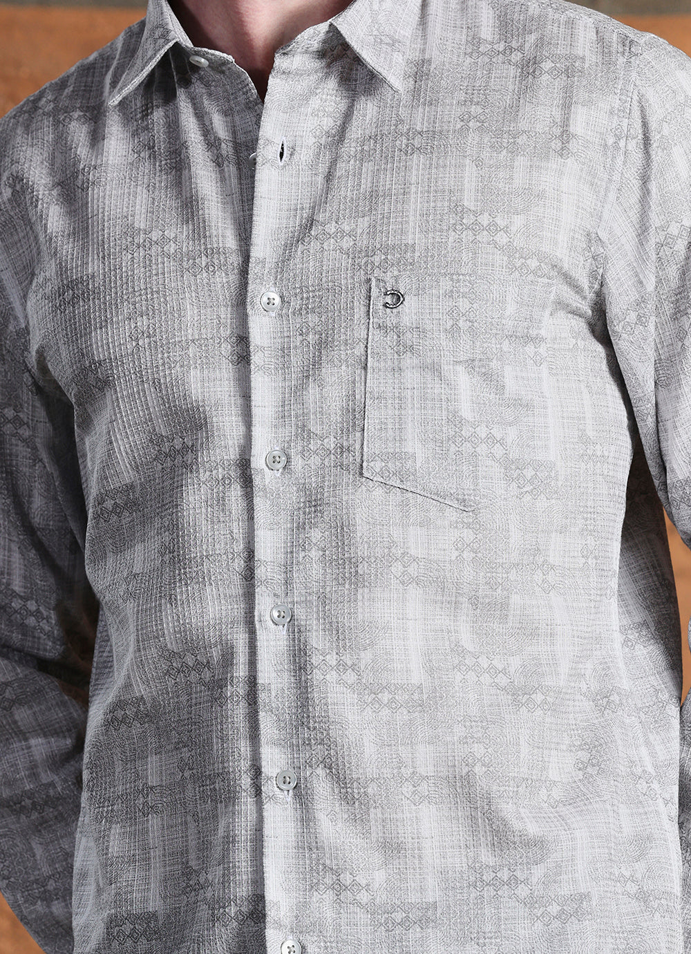 Grey Print Cotton Slim Fit Shirt