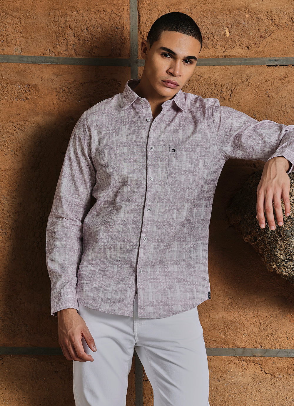 Pink Print Cotton Slim Fit Shirt