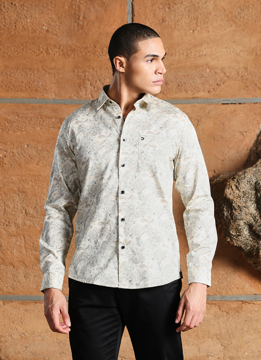 Yellow Print Cotton Slim Fit Shirt