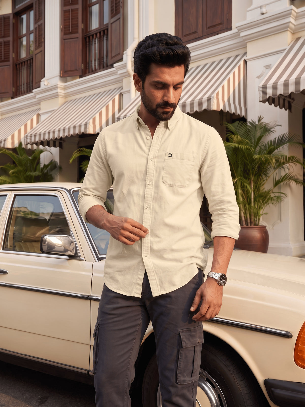 Beige Cotton Slim Fit Full Sleeve Shirt