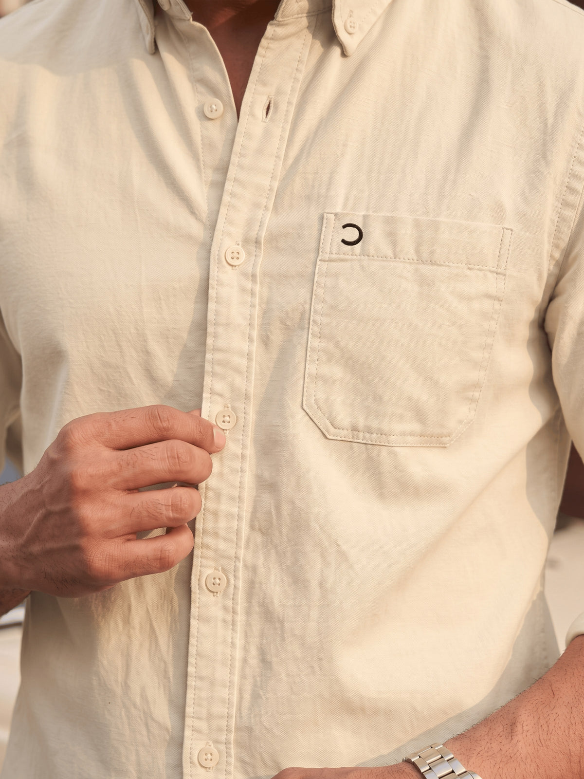 Beige Cotton Slim Fit Full Sleeve Shirt
