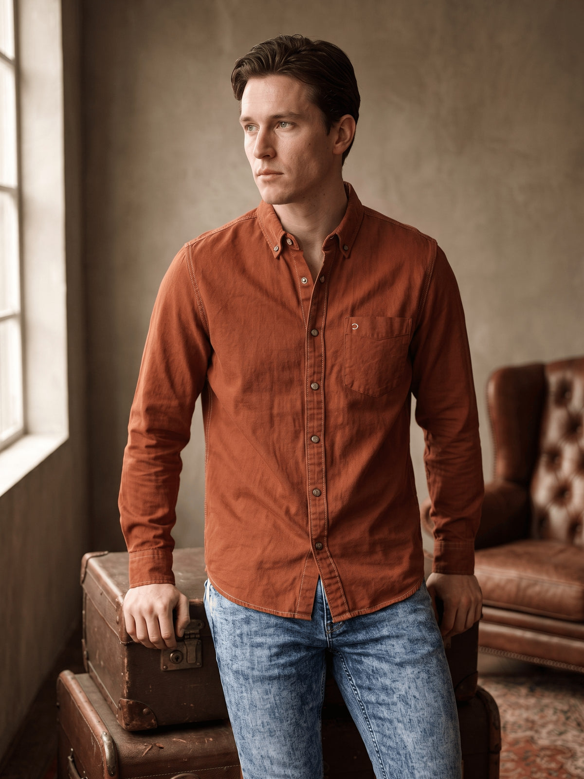 Orange Cotton Slim Fit Full Sleeve Shirt