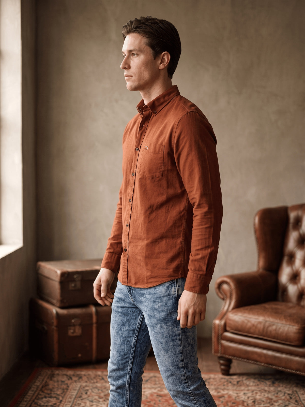 Orange Cotton Slim Fit Full Sleeve Shirt