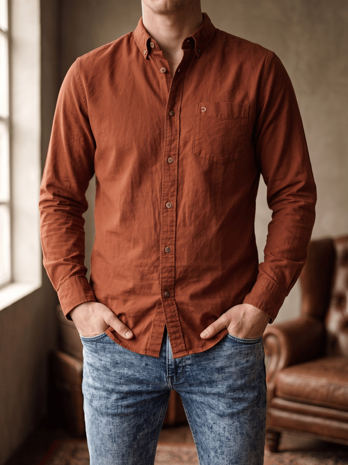 Orange Cotton Slim Fit Full Sleeve Shirt