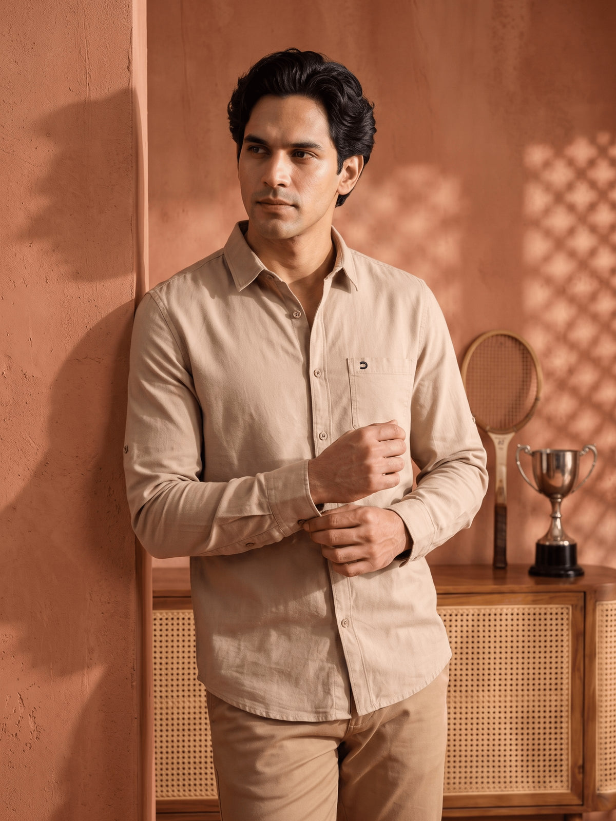 Khaki Cotton Slim Fit Full Sleeve Shirt