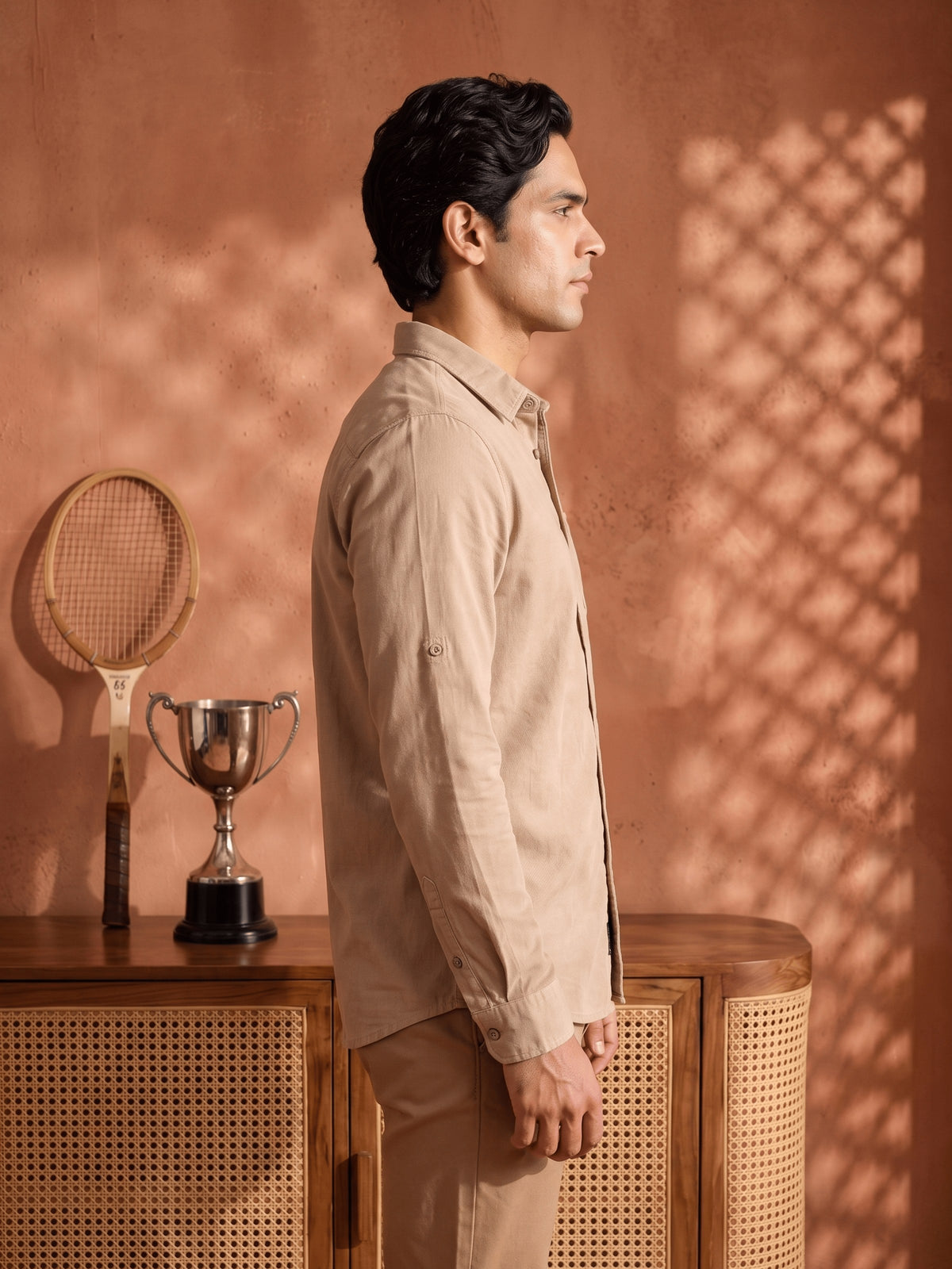 Khaki Cotton Slim Fit Full Sleeve Shirt