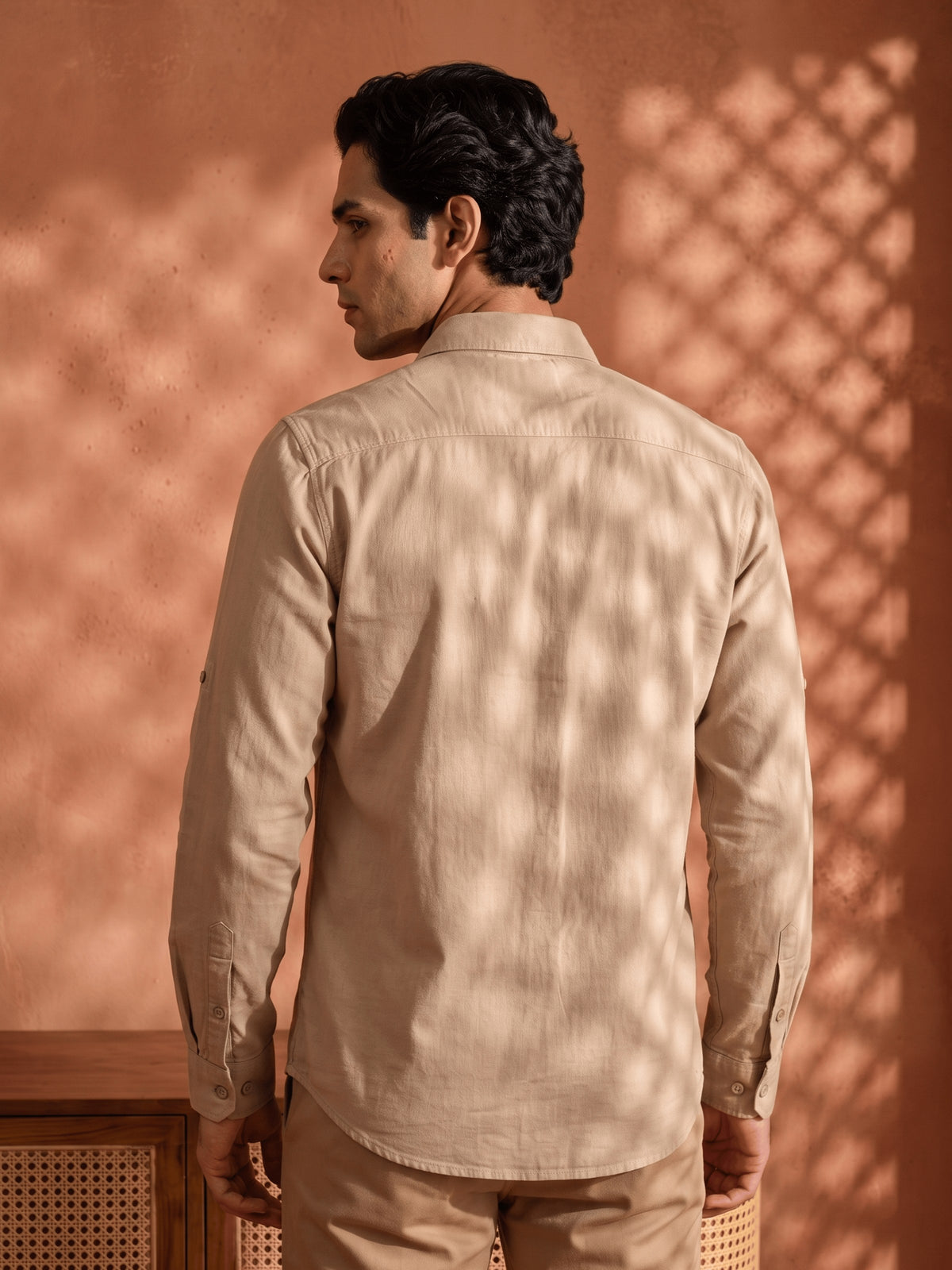 Khaki Cotton Slim Fit Full Sleeve Shirt
