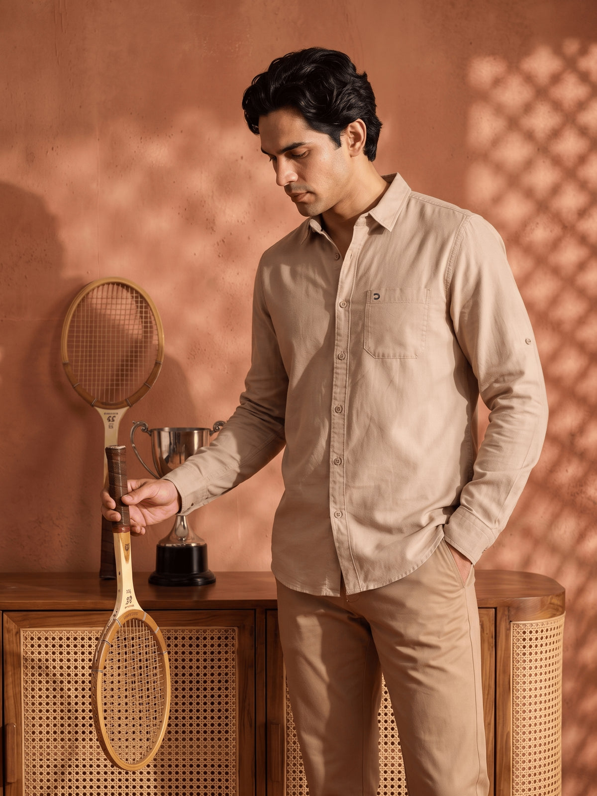 Khaki Cotton Slim Fit Full Sleeve Shirt