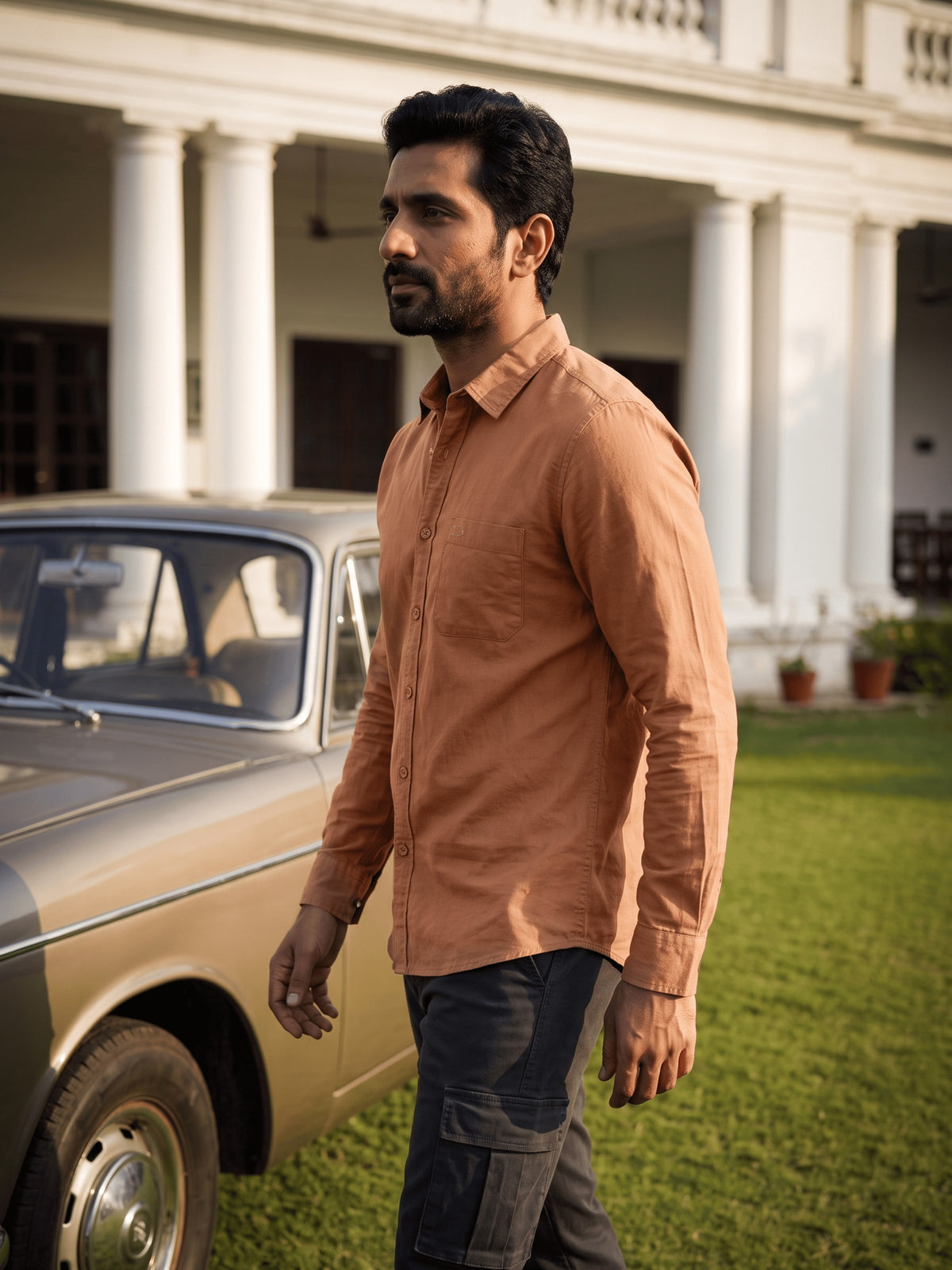 Light Brown Cotton Slim Fit Full Sleeve Shirt