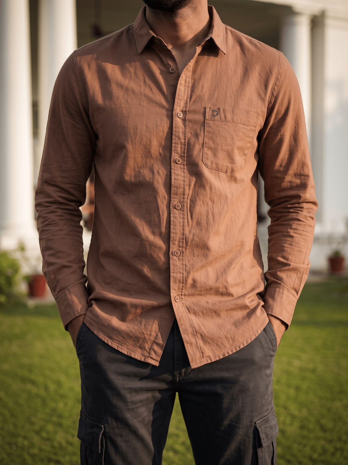 Light Brown Cotton Slim Fit Full Sleeve Shirt