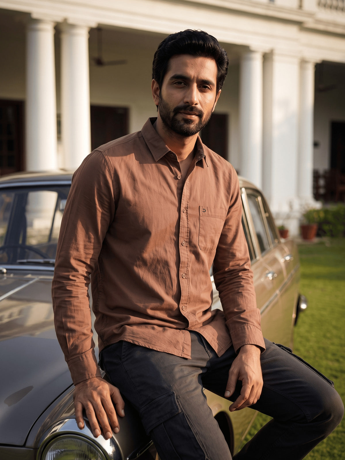 Light Brown Cotton Slim Fit Full Sleeve Shirt