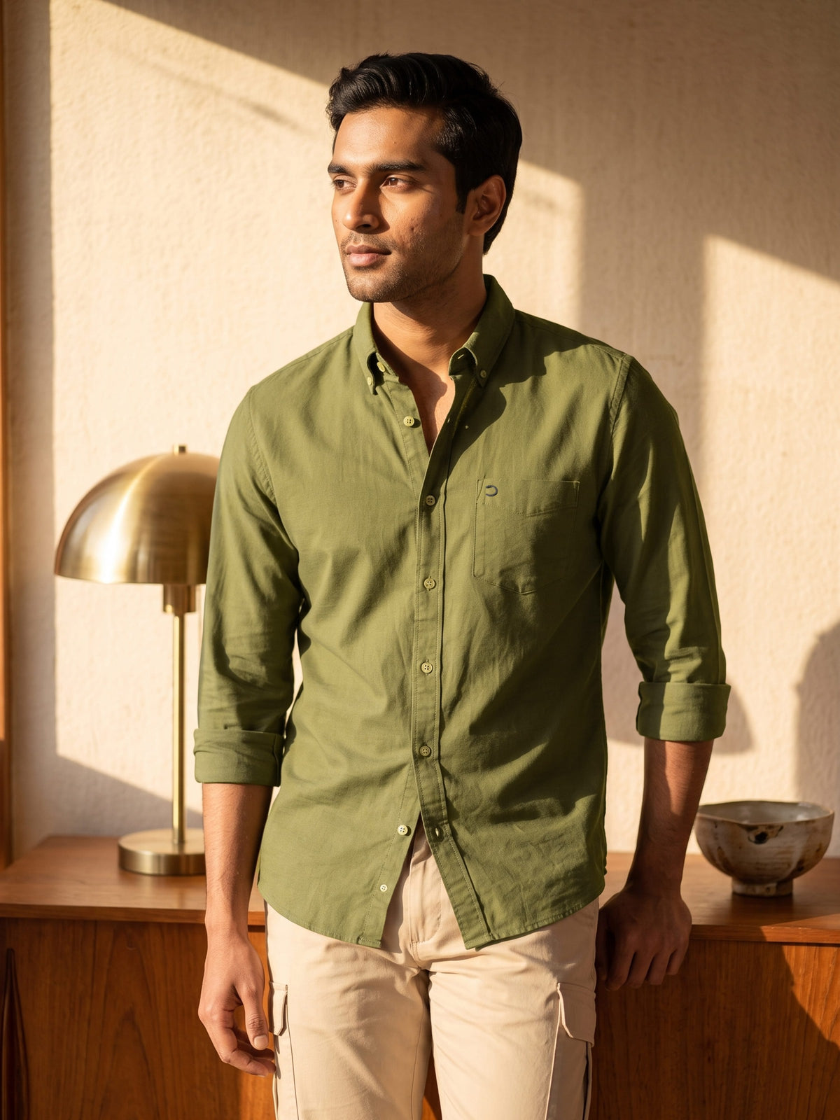 Olive Cotton Slim Fit Full Sleeve Shirt