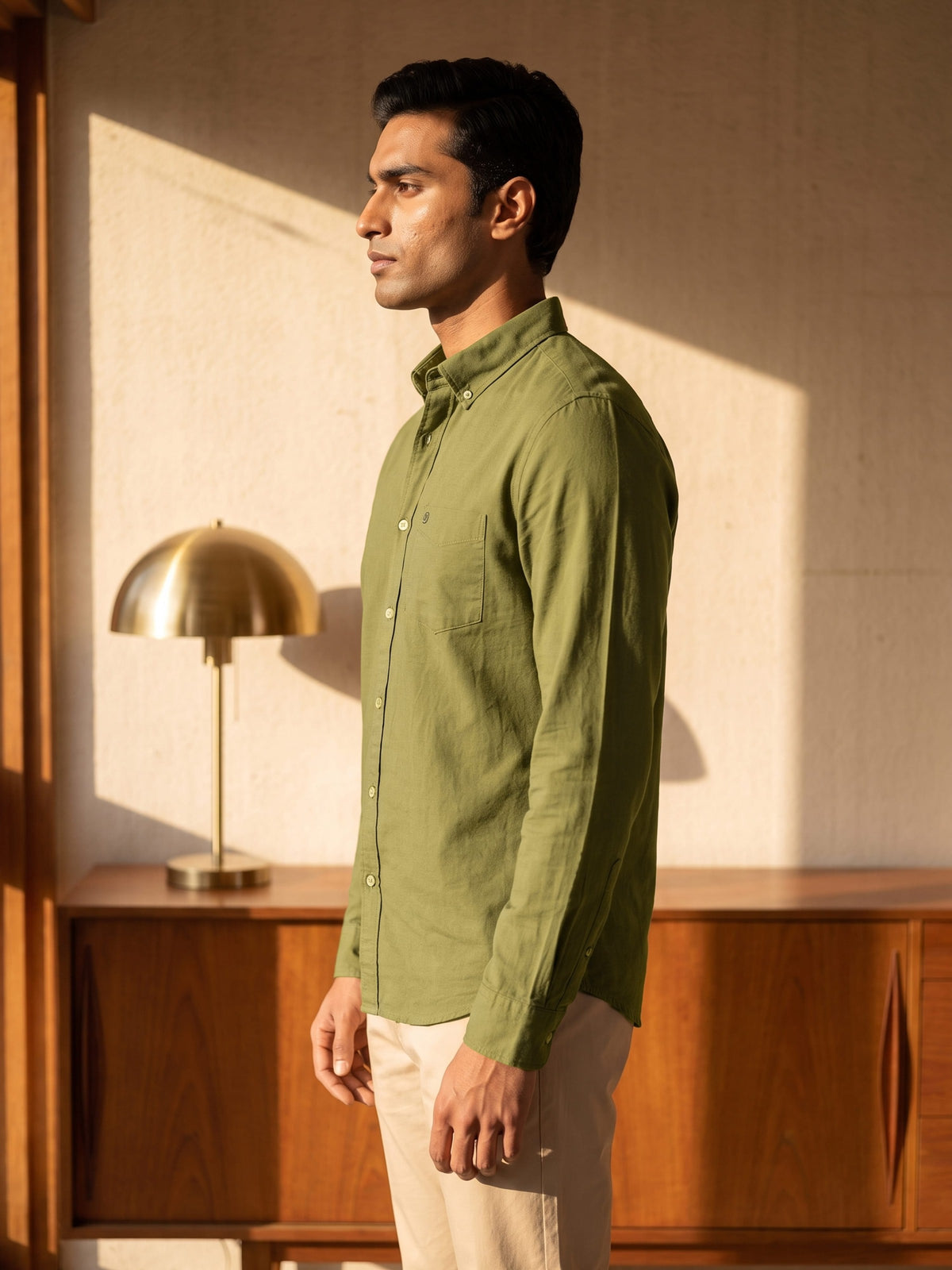 Olive Cotton Slim Fit Full Sleeve Shirt