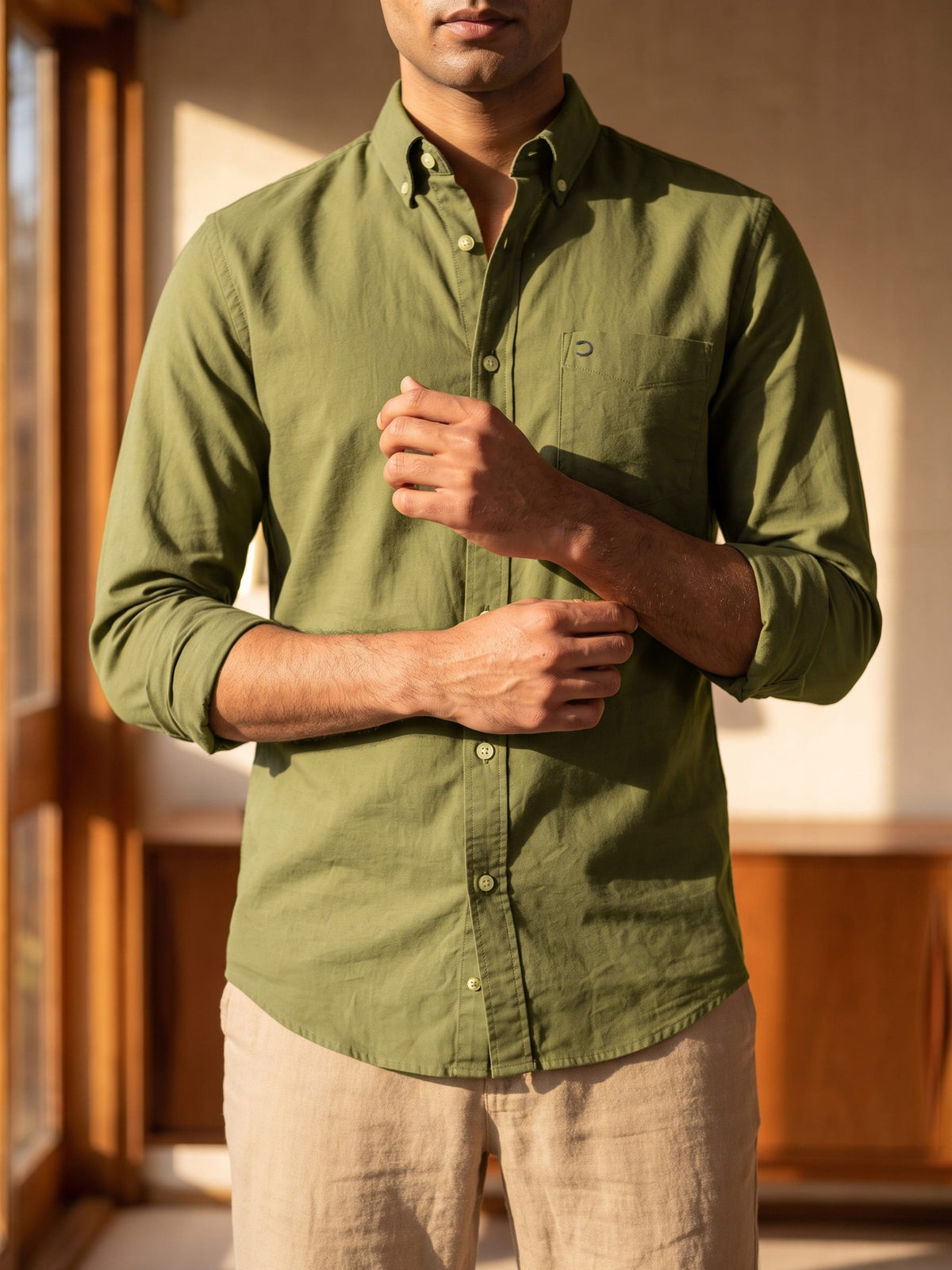 Olive Cotton Slim Fit Full Sleeve Shirt