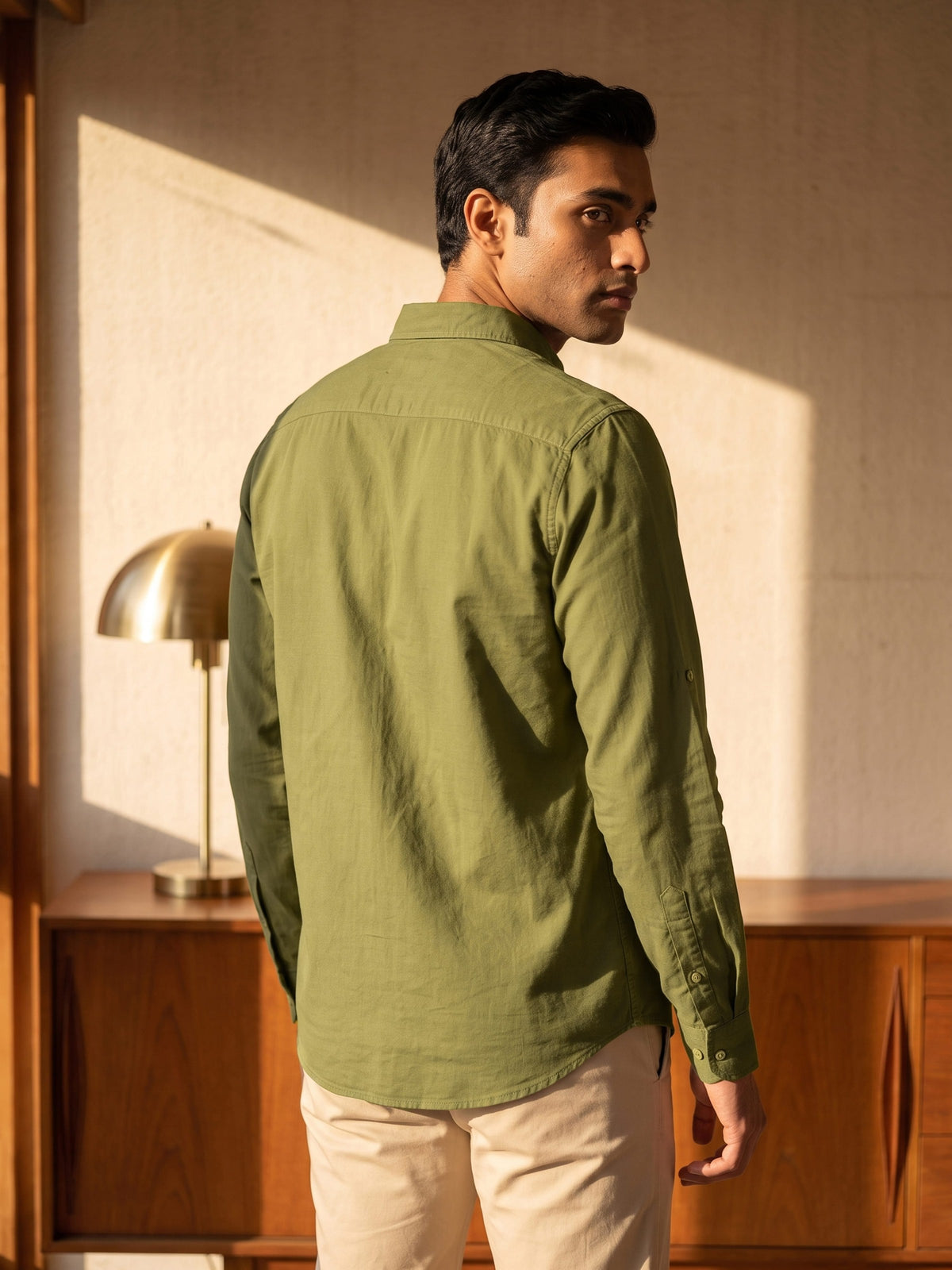 Olive Cotton Slim Fit Full Sleeve Shirt
