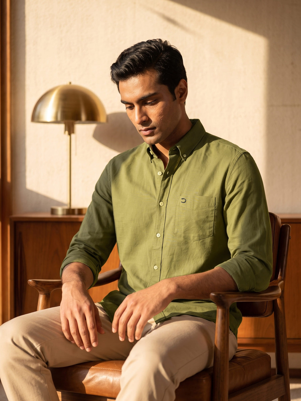 Olive Cotton Slim Fit Full Sleeve Shirt