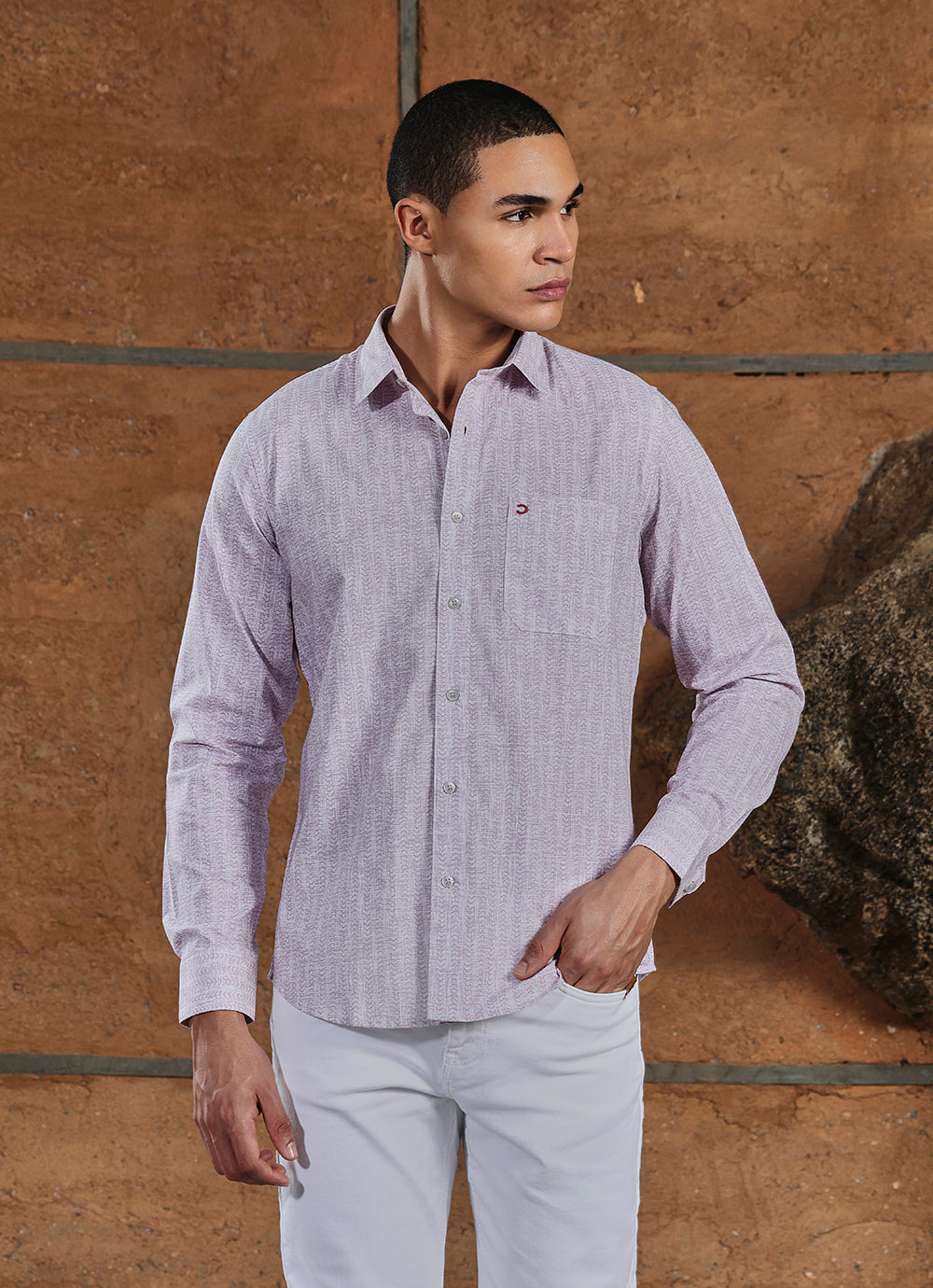 Pink Print Cotton Slim Fit Shirt