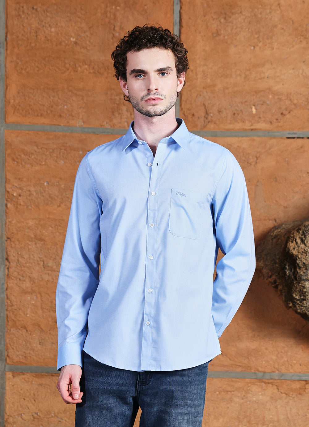 Blue  Solids Cotton Slim Fit Shirt