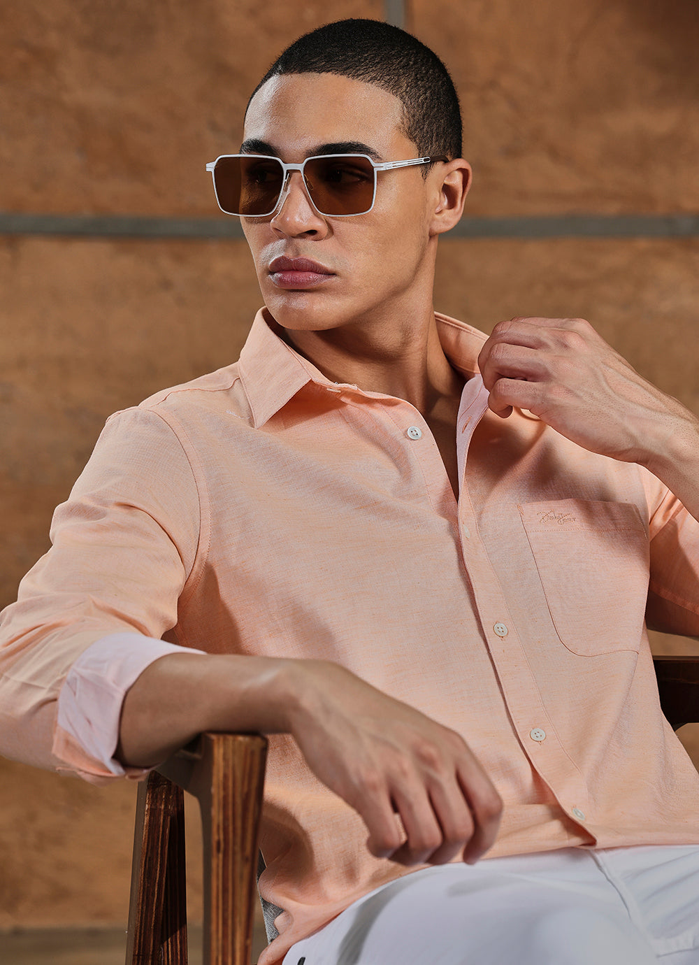 Orange  Solids Cotton Slim Fit Shirt