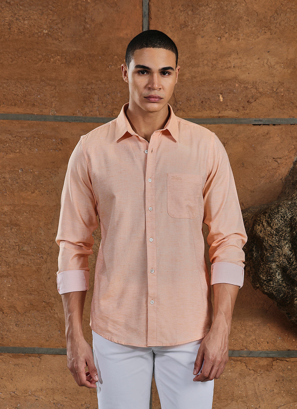 Orange  Solids Cotton Slim Fit Shirt