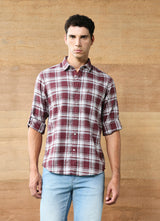Maroon Checks Cotton Slim Fit Shirt
