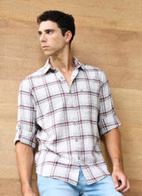 White and Maroon Checks Cotton Slim Fit Shirt