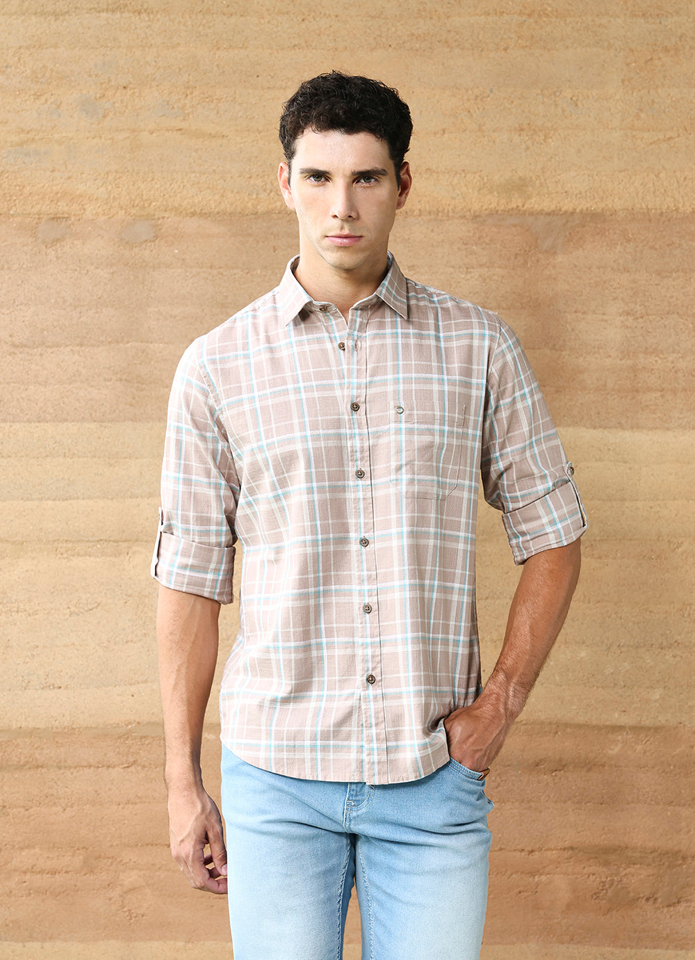 Brown Checks Cotton Slim Fit Shirt