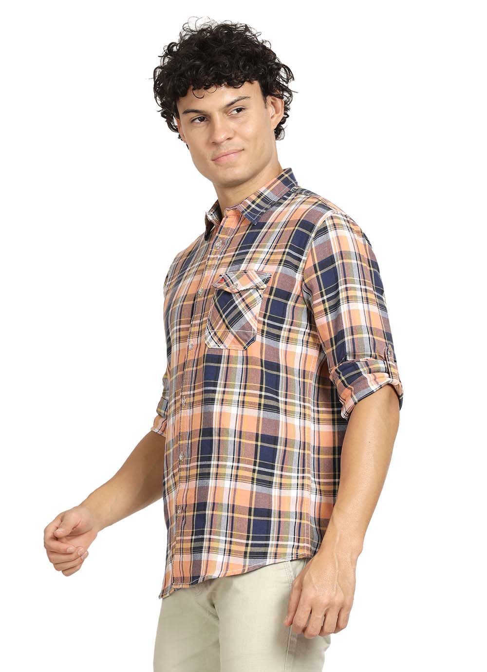 Derby Orange  Slim Fit Indigo Checked Shirt