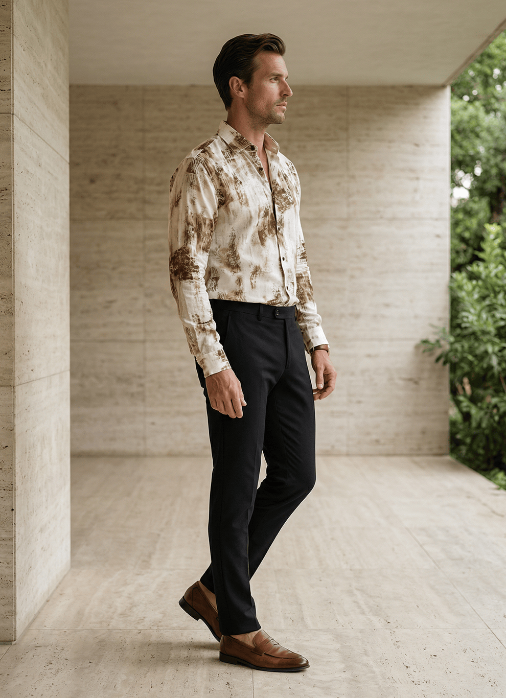 Brown Viscose Slub Print  Cotton Slim Fit Full Sleeve Shirt