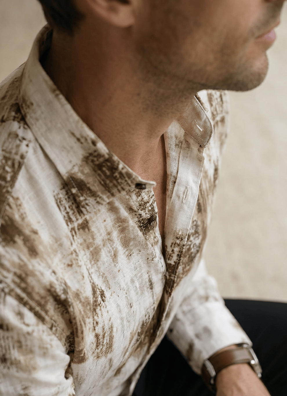 Brown Viscose Slub Print  Cotton Slim Fit Full Sleeve Shirt