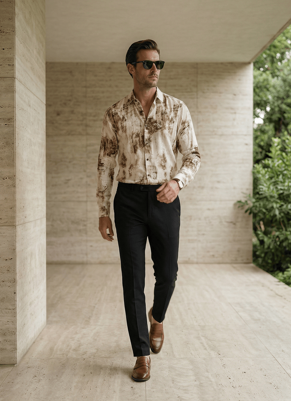 Brown Viscose Slub Print  Cotton Slim Fit Full Sleeve Shirt
