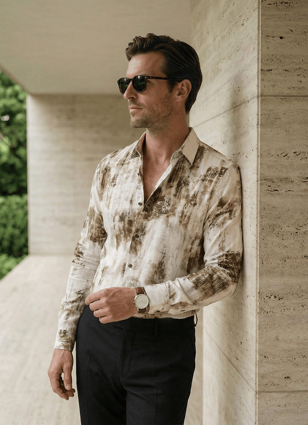 Brown Viscose Slub Print  Cotton Slim Fit Full Sleeve Shirt
