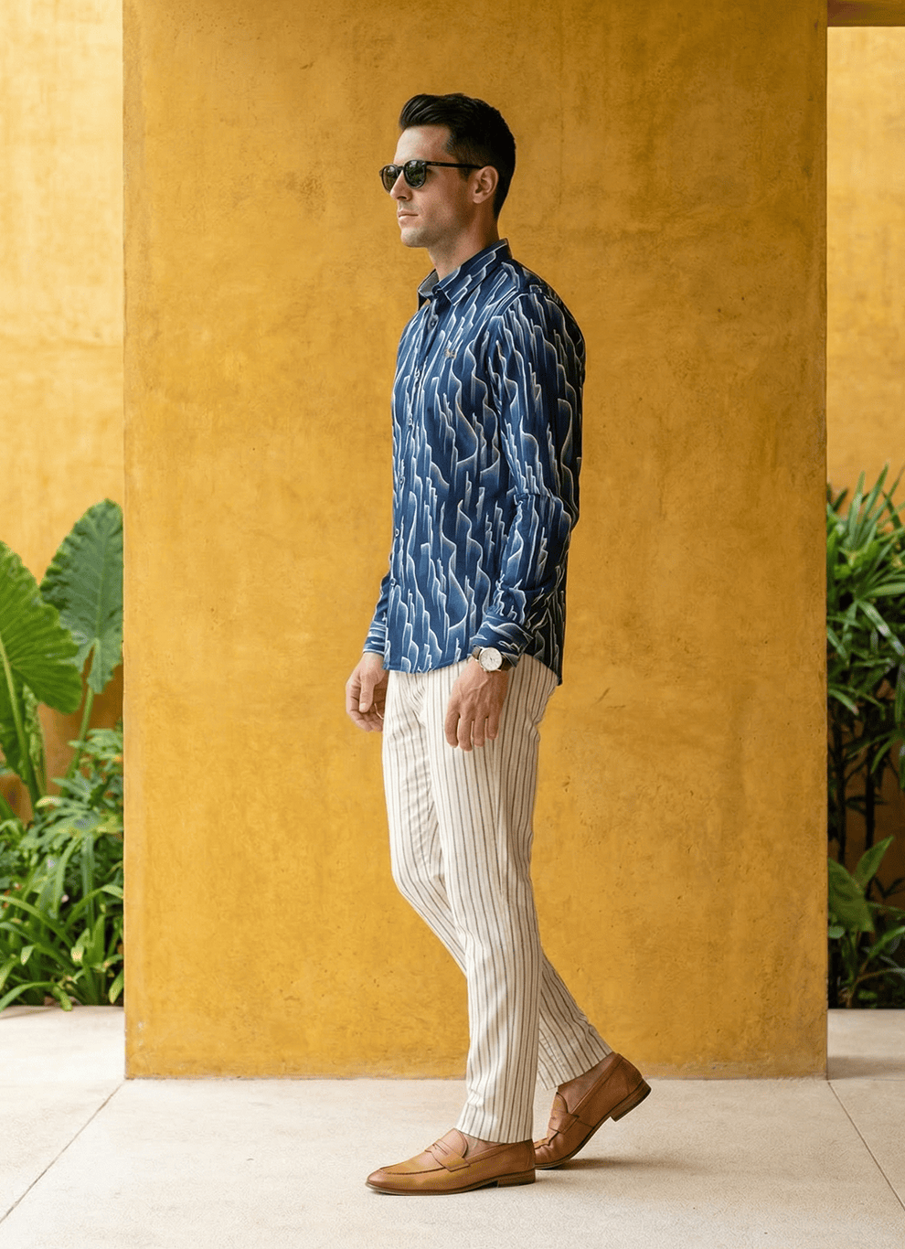 Navy Viscose Slub Print Cotton Slim Fit Full Sleeve Shirt