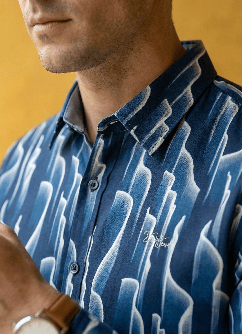 Navy Viscose Slub Print Cotton Slim Fit Full Sleeve Shirt