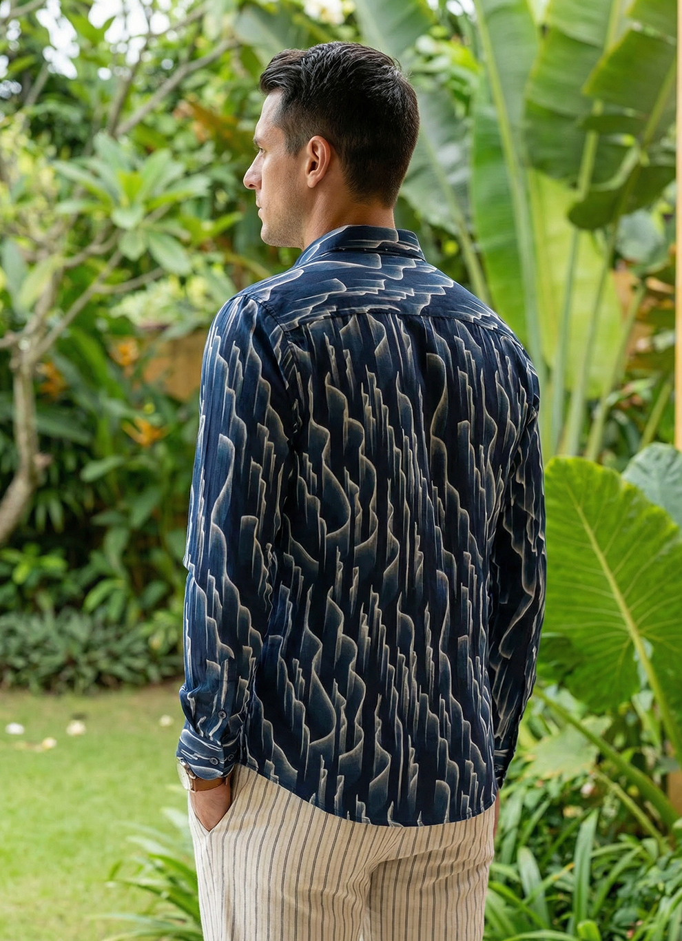 Navy Viscose Slub Print Cotton Slim Fit Full Sleeve Shirt