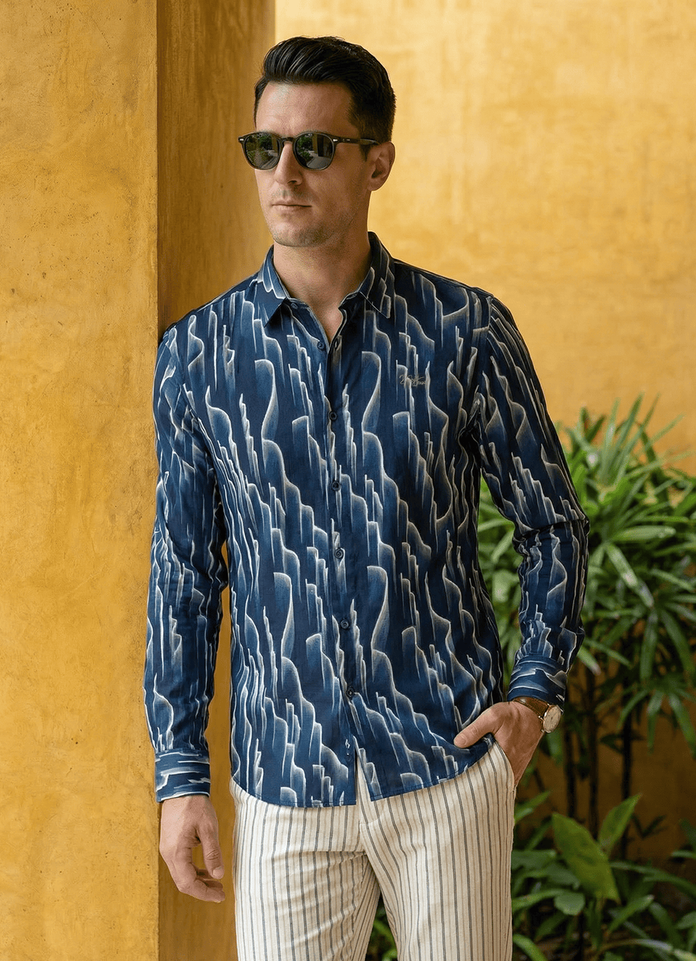 Navy Viscose Slub Print Cotton Slim Fit Full Sleeve Shirt