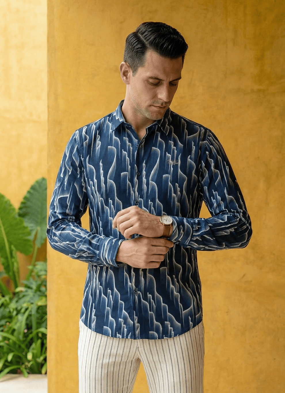 Navy Viscose Slub Print Cotton Slim Fit Full Sleeve Shirt