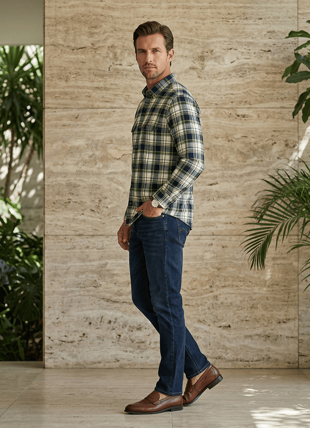 Green Indigo Crepe Checks Cotton Slim Fit Full Sleeve Shirt
