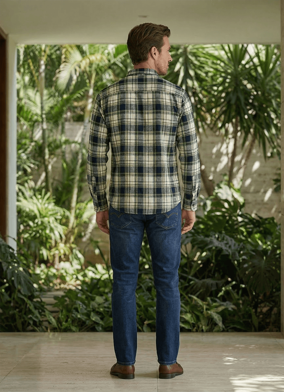 Green Indigo Crepe Checks Cotton Slim Fit Full Sleeve Shirt