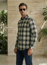 Green Indigo Crepe Checks Cotton Slim Fit Full Sleeve Shirt
