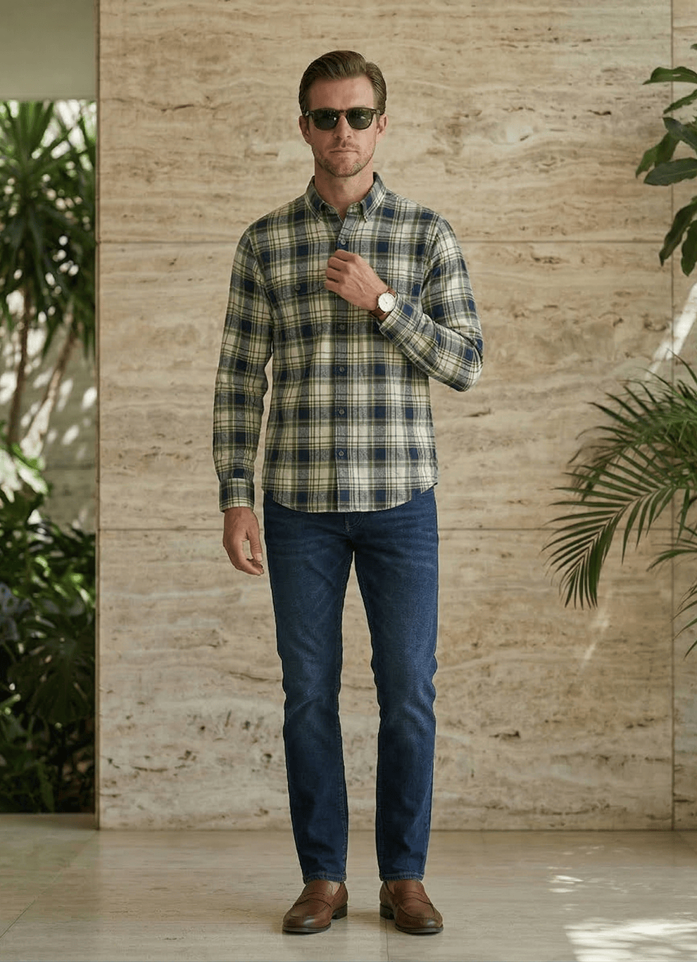Green Indigo Crepe Checks Cotton Slim Fit Full Sleeve Shirt