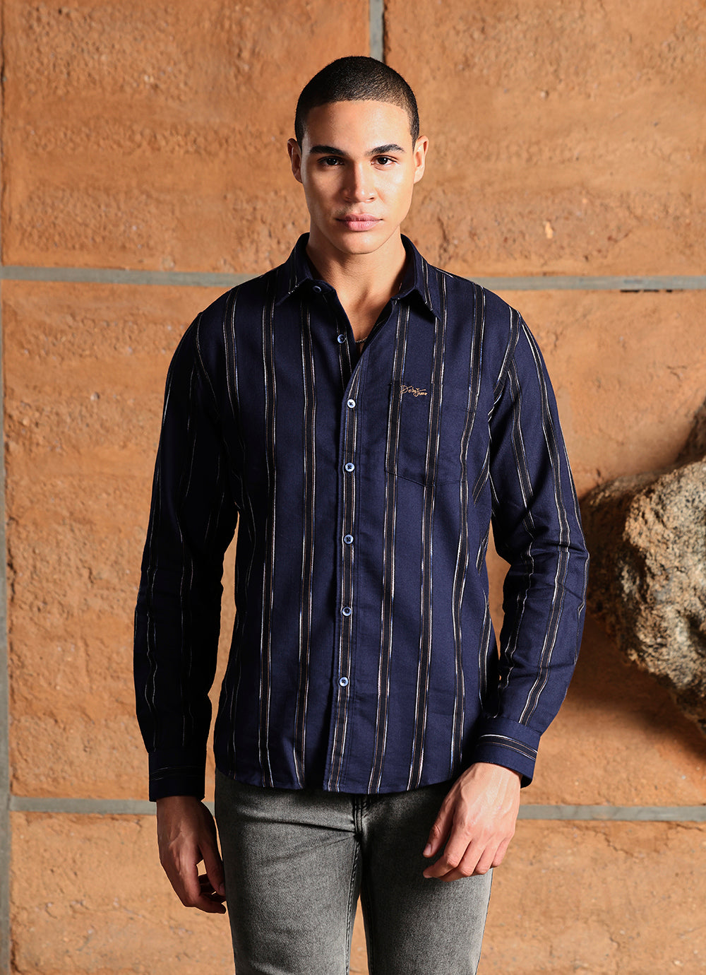 Navy Stripes Cotton Slim Fit Shirt