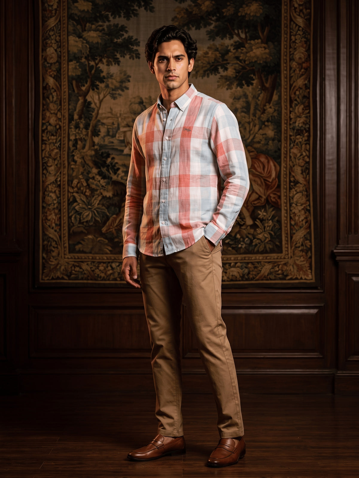 Red Checked Lyocell Linen Slim Fit Full Sleeve Shirt