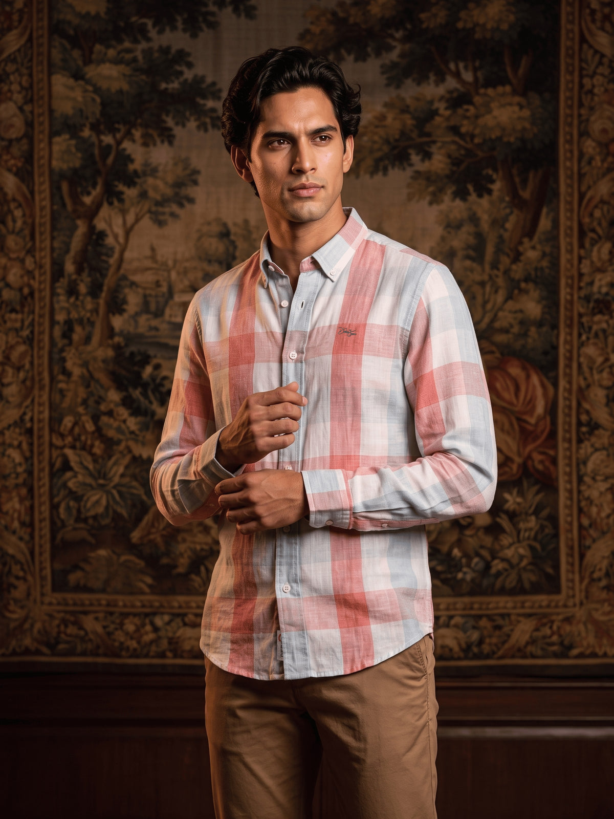 Red Checked Lyocell Linen Slim Fit Full Sleeve Shirt