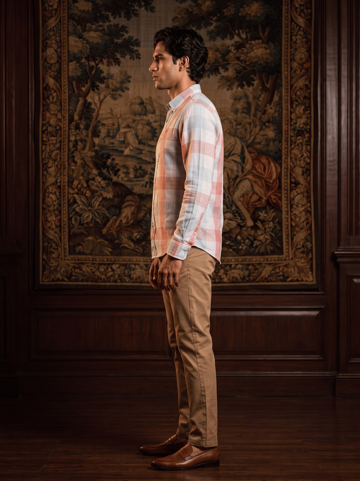 Red Checked Lyocell Linen Slim Fit Full Sleeve Shirt